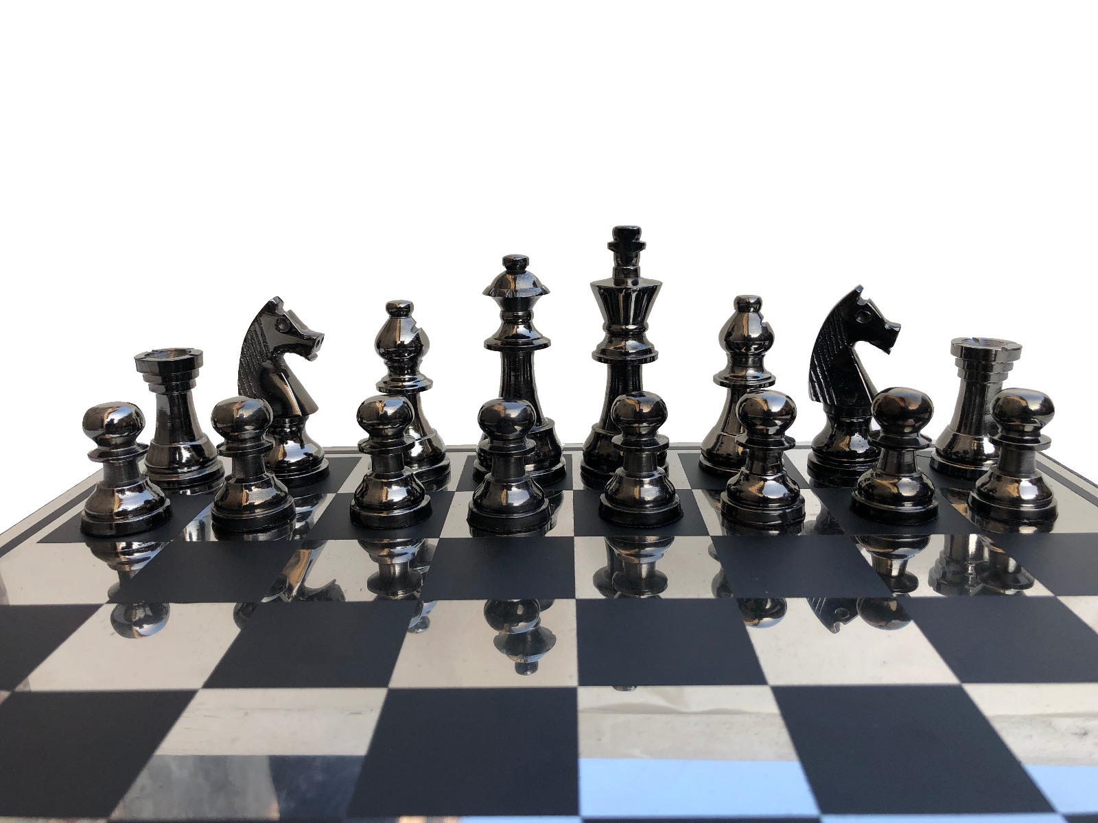 The New Staunton Series Chess Set Silver & Black Coated Aluminum 3.25" King with 14" Aluminum Chess Board-4180