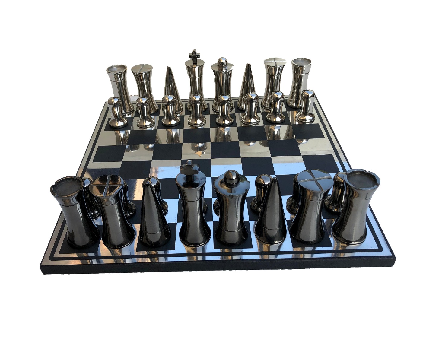 The Art Decor Chess Set ,br> Silver & Black Coated Aluminum 3.5" King with 14" Aluminum Chess Board-4168