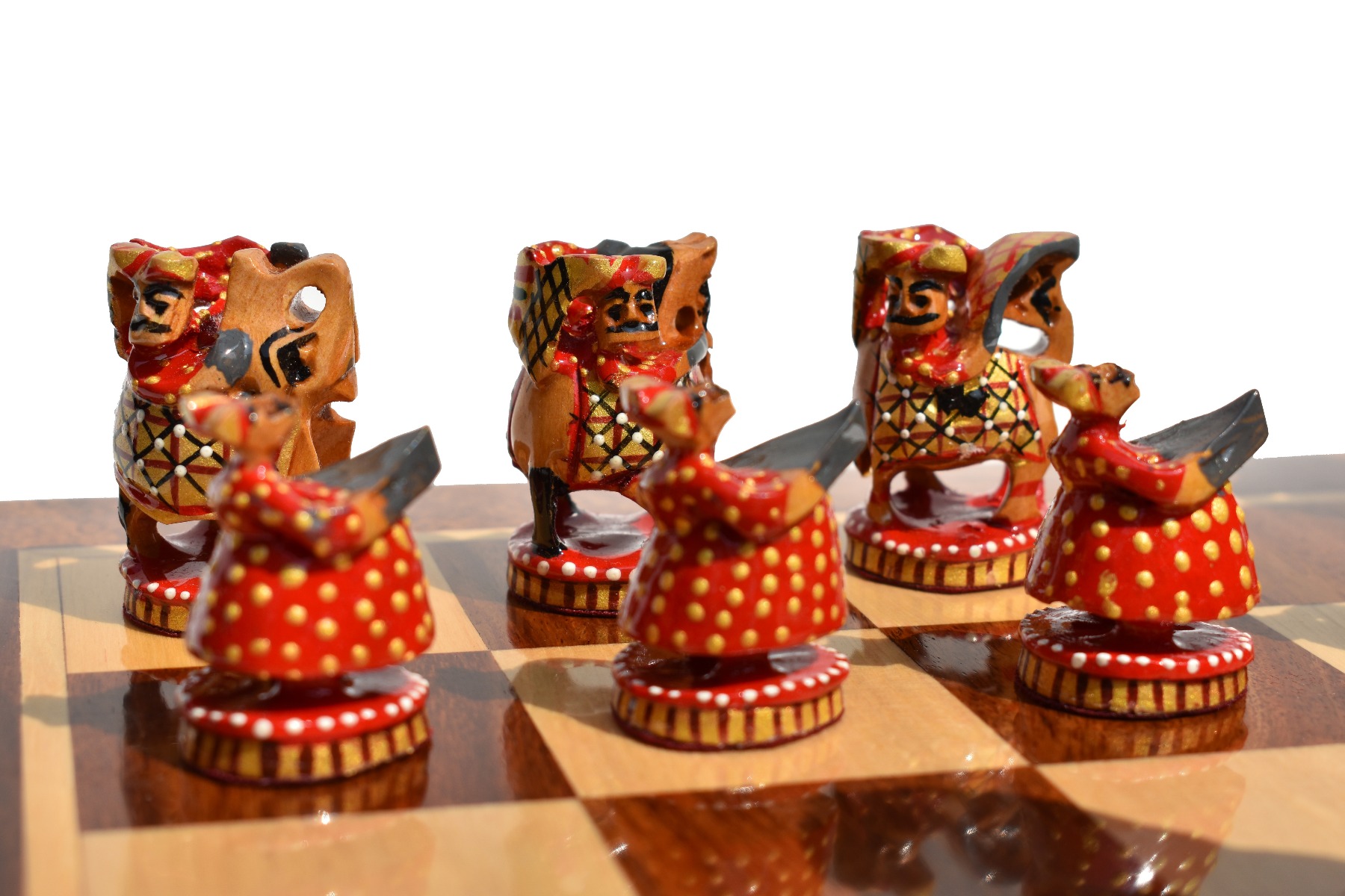 Ambawari Series Chess Set <br> Green, Gold & Red Stained <br> 3.5" King with 2" Square Beveled Chess Board-4225 Ambawari Series Chess Set Green, Gold & Red Stained 3.5" King with 2" Square Beveled Chess Board-4225