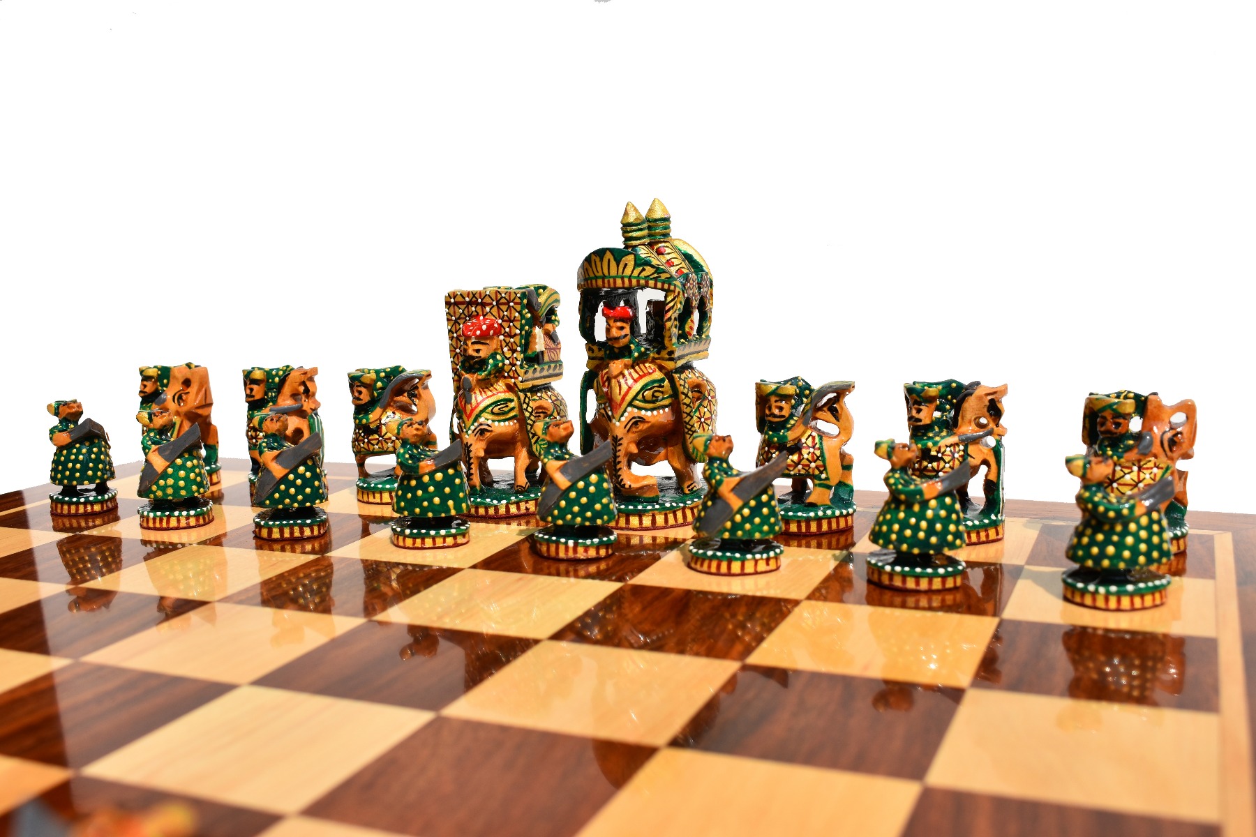 Ambawari Series Chess Set <br> Green, Gold & Red Stained <br> 3.5" King with 2" Square Beveled Chess Board-4222 Ambawari Series Chess Set Green, Gold & Red Stained 3.5" King with 2" Square Beveled Chess Board-4222