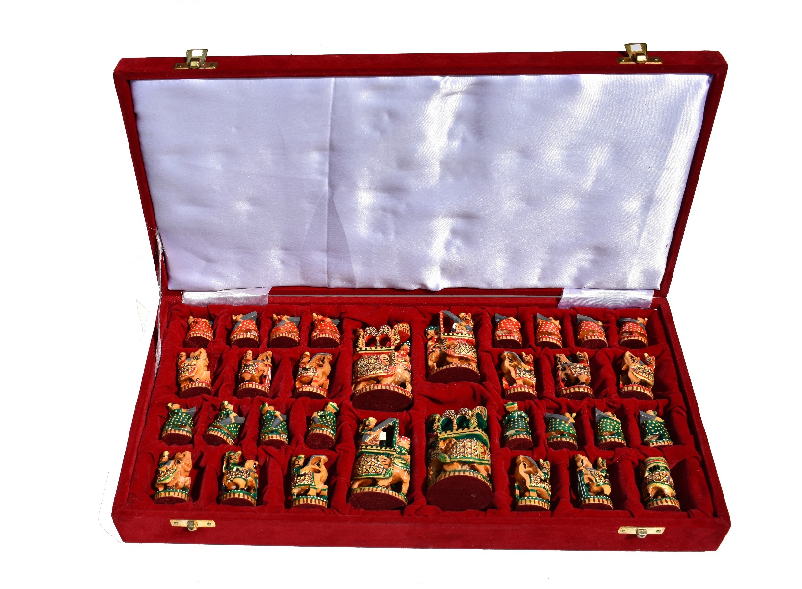 Ambawari Series Chess Set <br> Green, Gold & Red Stained <br> 3.5" King with 2" Square Beveled Chess Board-4226 Ambawari Series Chess Set Green, Gold & Red Stained 3.5" King with 2" Square Beveled Chess Board-4226