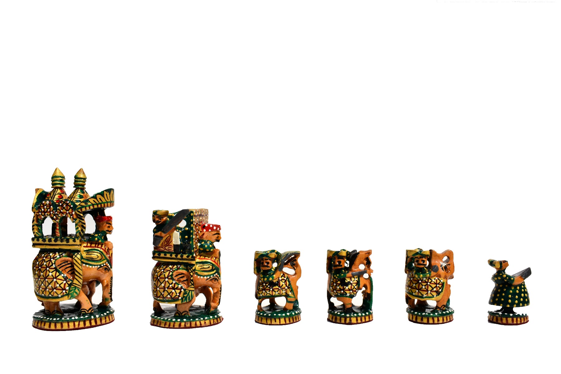 Ambawari Series Chess Set <br> Green, Gold & Red Stained <br> 3.5" King with 2" Square Beveled Chess Board-4218 Ambawari Series Chess Set Green, Gold & Red Stained 3.5" King with 2" Square Beveled Chess Board-4218