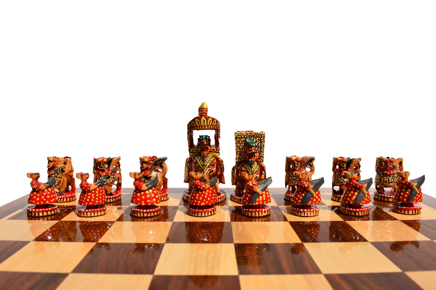 Ambawari Series Chess Set <br> Green, Gold & Red Stained <br> 3.5" King with 2" Square Beveled Chess Board-4219 Ambawari Series Chess Set Green, Gold & Red Stained 3.5" King with 2" Square Beveled Chess Board-4219