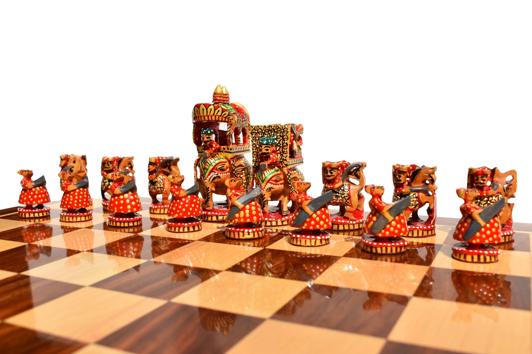 Ambawari Series Chess Set <br> Green, Gold & Red Stained <br> 3.5" King with 2" Square Beveled Chess Board-4220 Ambawari Series Chess Set Green, Gold & Red Stained 3.5" King with 2" Square Beveled Chess Board-4220