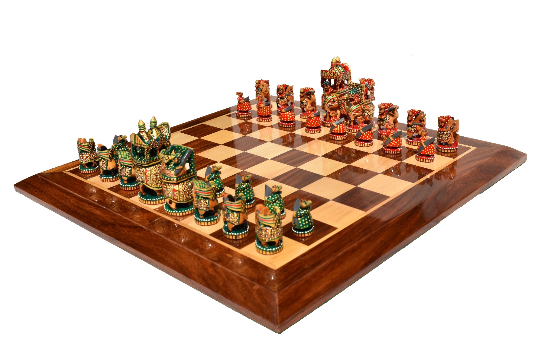 Ambawari Series Chess Set <br> Green, Gold & Red Stained <br> 3.5" King with 2" Square Beveled Chess Board-0 Ambawari Series Chess Set Green, Gold & Red Stained 3.5" King with 2" Square Beveled Chess Board-0