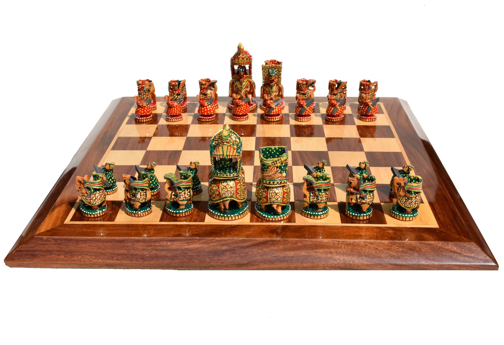 Ambawari Series Chess Set <br> Green, Gold & Red Stained <br> 3.5" King with 2" Square Beveled Chess Board-4215 Ambawari Series Chess Set Green, Gold & Red Stained 3.5" King with 2" Square Beveled Chess Board-4215