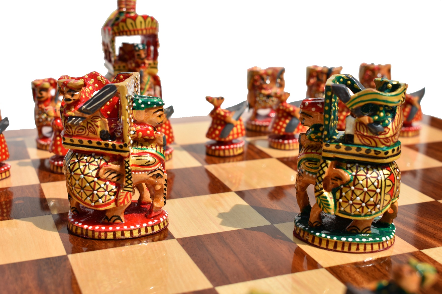 Ambawari Series Chess Set <br> Green, Gold & Red Stained <br> 3.5" King with 2" Square Beveled Chess Board-4223 Ambawari Series Chess Set Green, Gold & Red Stained 3.5" King with 2" Square Beveled Chess Board-4223