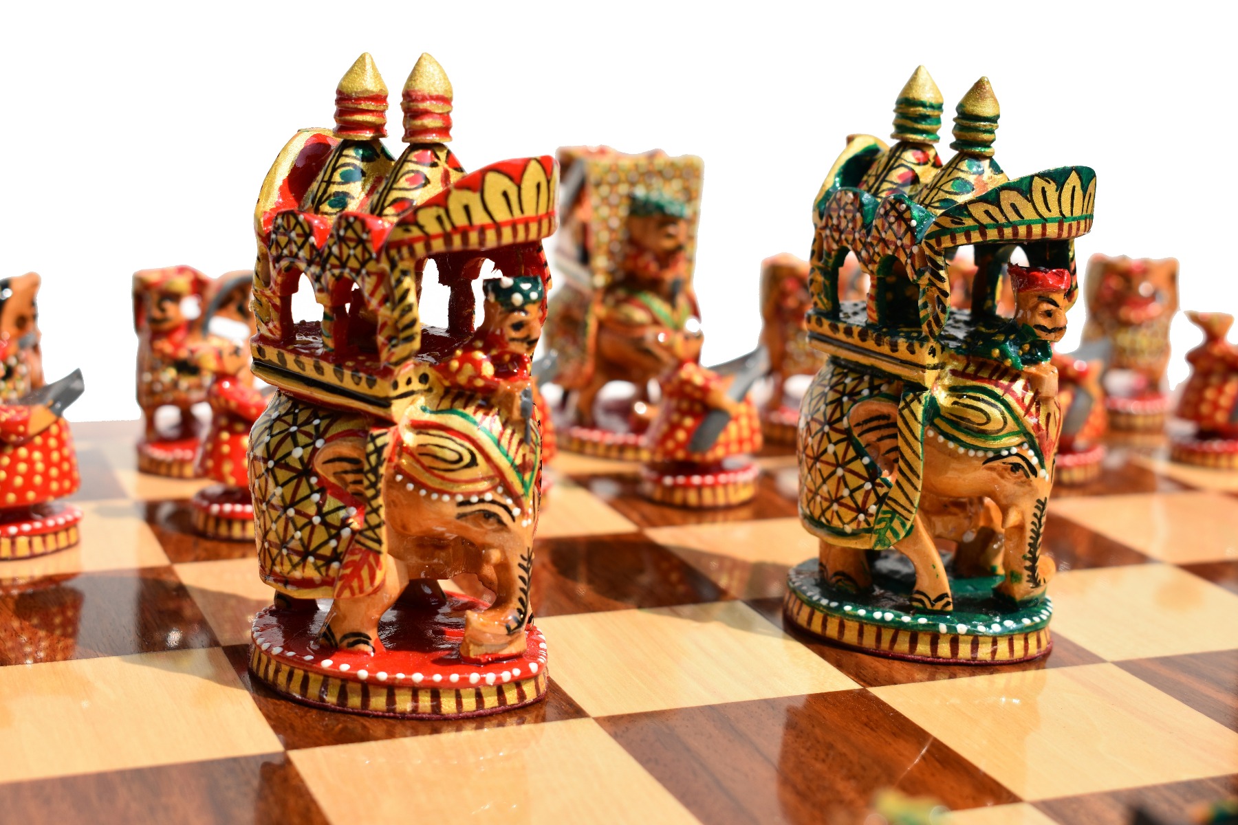 Ambawari Series Chess Set <br> Green, Gold & Red Stained <br> 3.5" King with 2" Square Beveled Chess Board-4224 Ambawari Series Chess Set Green, Gold & Red Stained 3.5" King with 2" Square Beveled Chess Board-4224