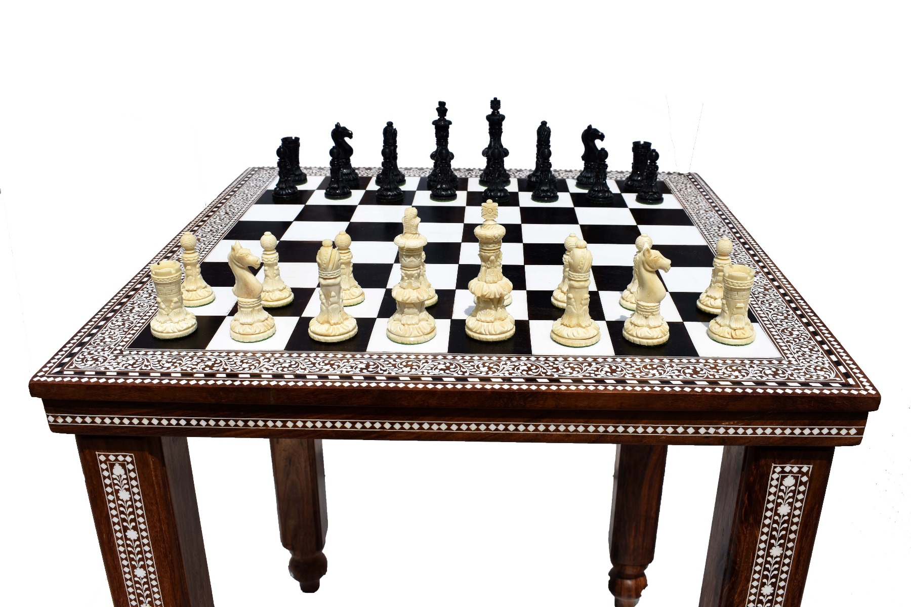 The Indian Maharajah Heritage Series Chess set Natural Bone & Black stained bone 3.9" King with Maharaja Series chess board-0
