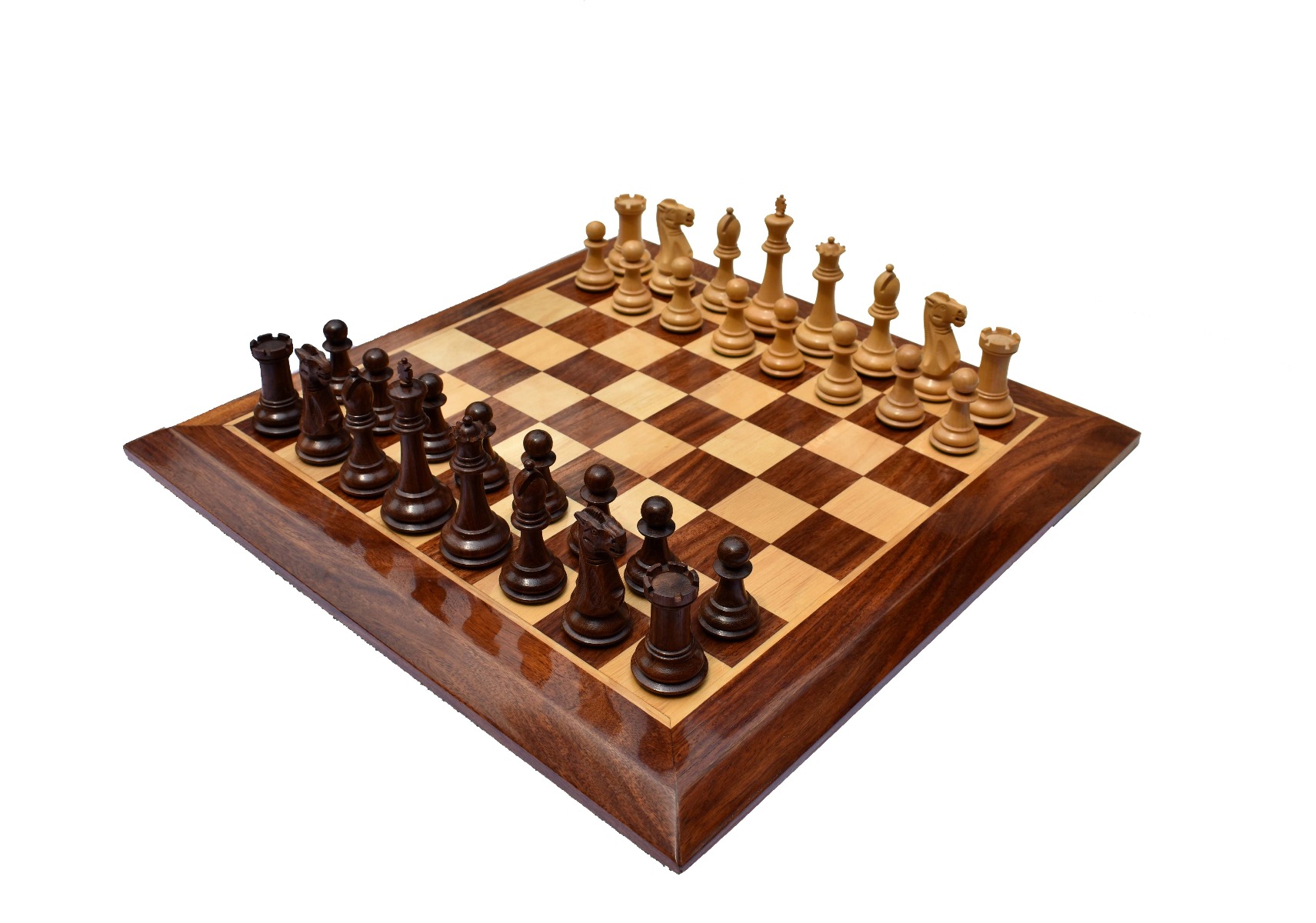 The Sleek Series Chess Set <br> Boxwood & Sheesham <br> 3.75" King with 2" Square chess board-0 The Sleek Series Chess Set Boxwood & Sheesham 3.75" King with 2" Square chess board-0