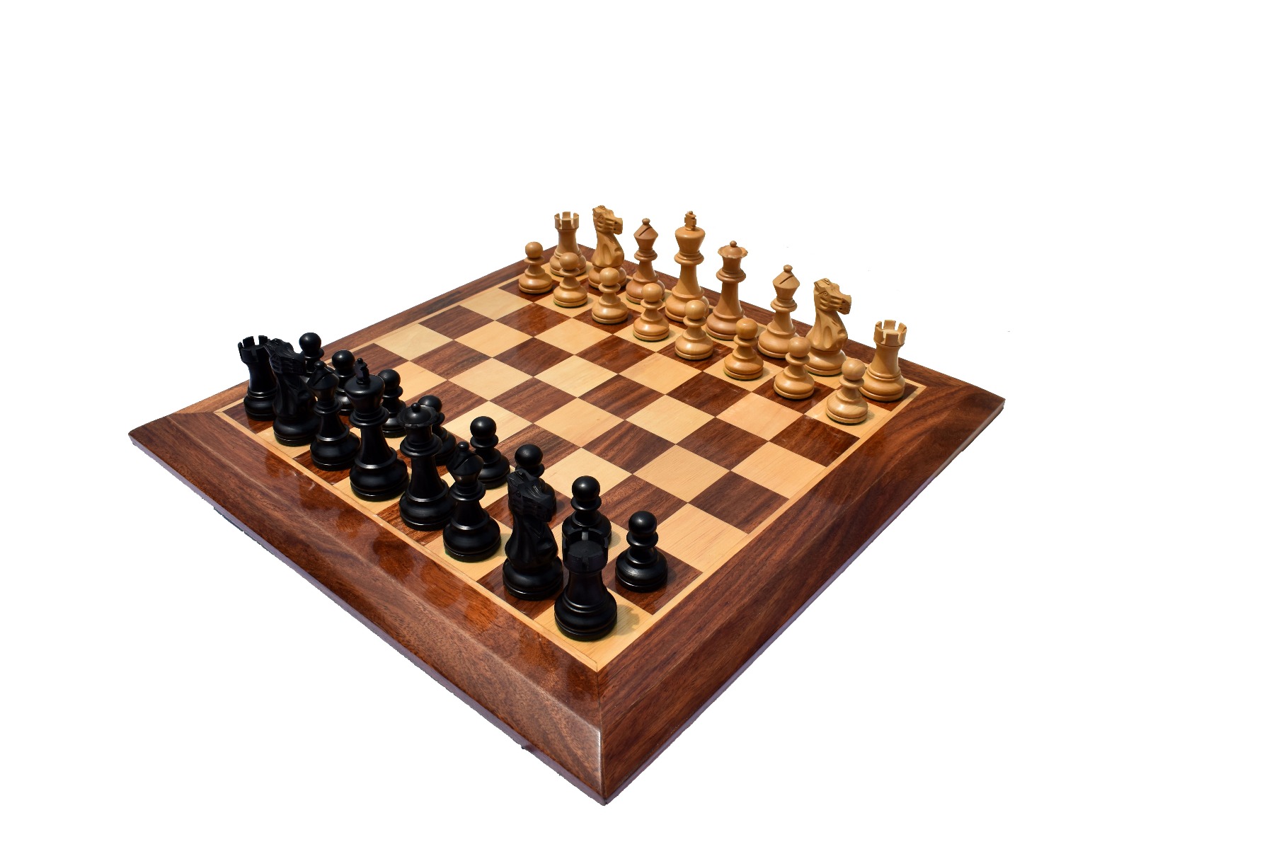 British Series Chess set Boxwood & Ebonized 3.25" King with 1.75" square chess Board & chess storage box -5588