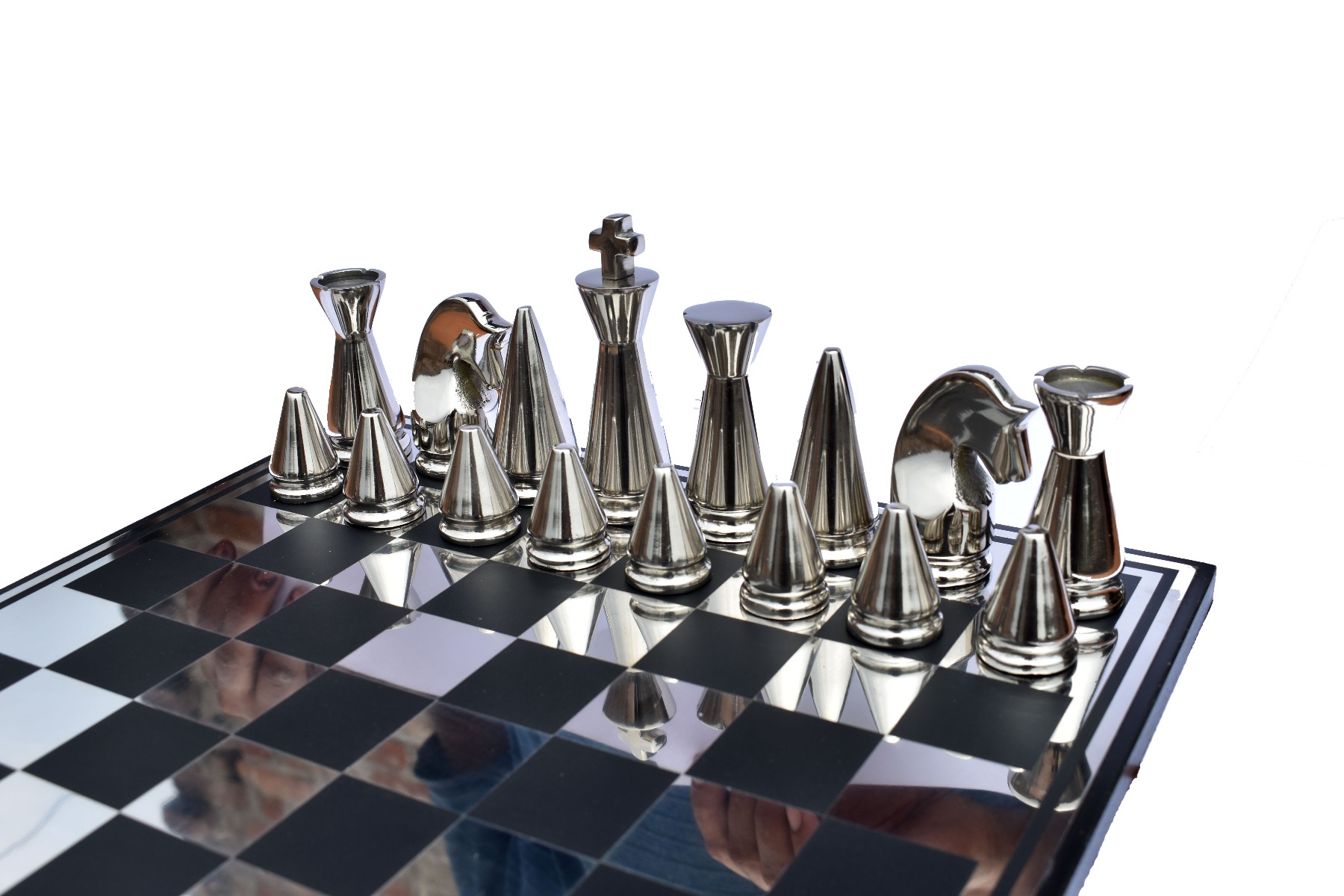 Art Beauty Chess Set Silver & Black Coated Solid Aluminum 4" King with 14" Chess board-5383