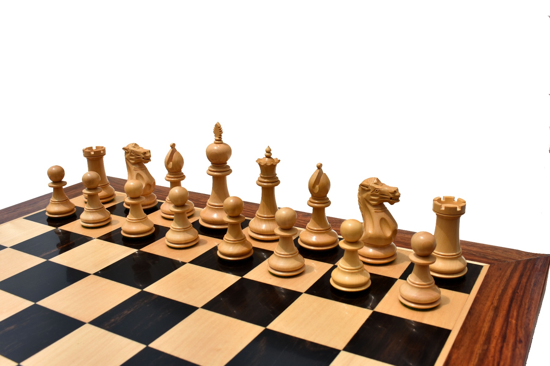 The Royal Knight Chess Set <br> Boxwood & Ebonized <br> 4" King with 2" Square chess board & storage Box-5695 The Royal Knight Chess Set Boxwood & Ebonized 4" King with 2" Square chess board & storage Box-5695