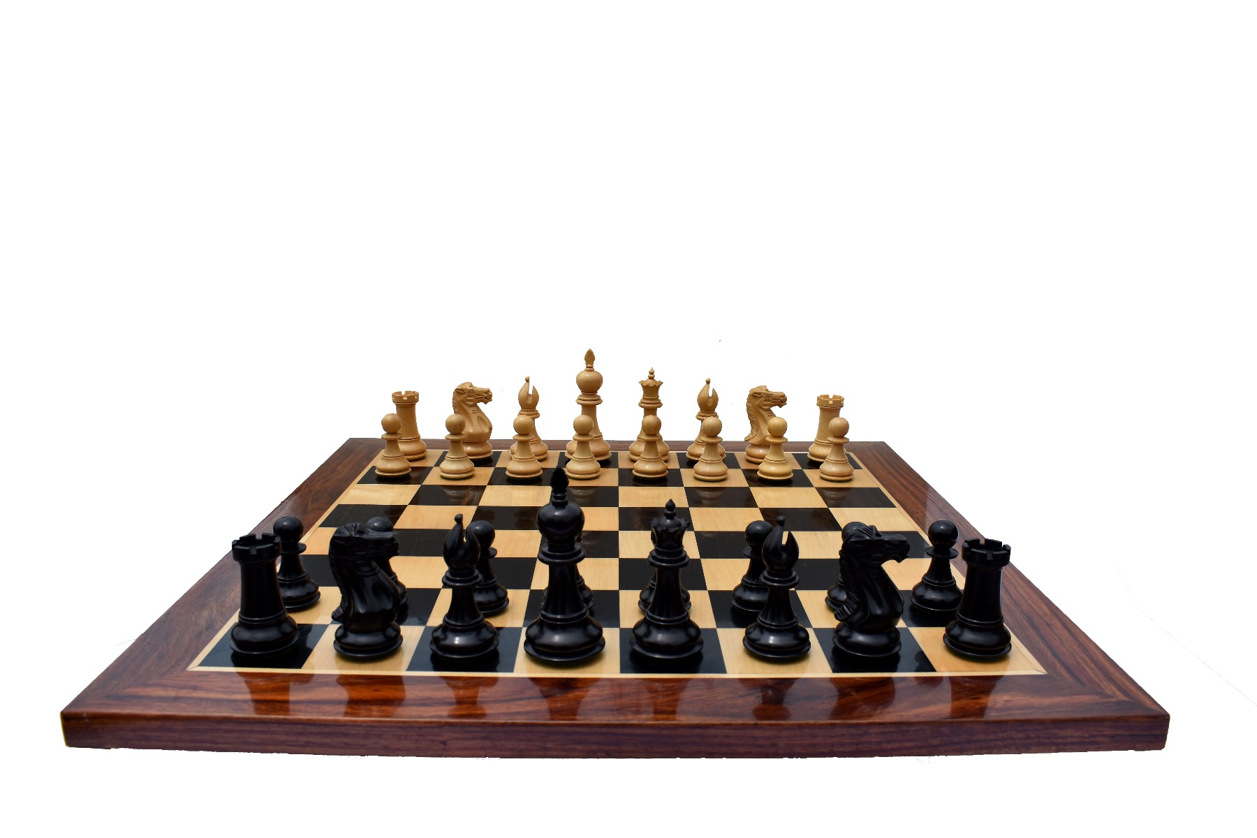 The Royal Knight Chess Set <br> Boxwood & Ebonized <br> 4" King with 2" Square chess board & storage Box-5692 The Royal Knight Chess Set Boxwood & Ebonized 4" King with 2" Square chess board & storage Box-5692