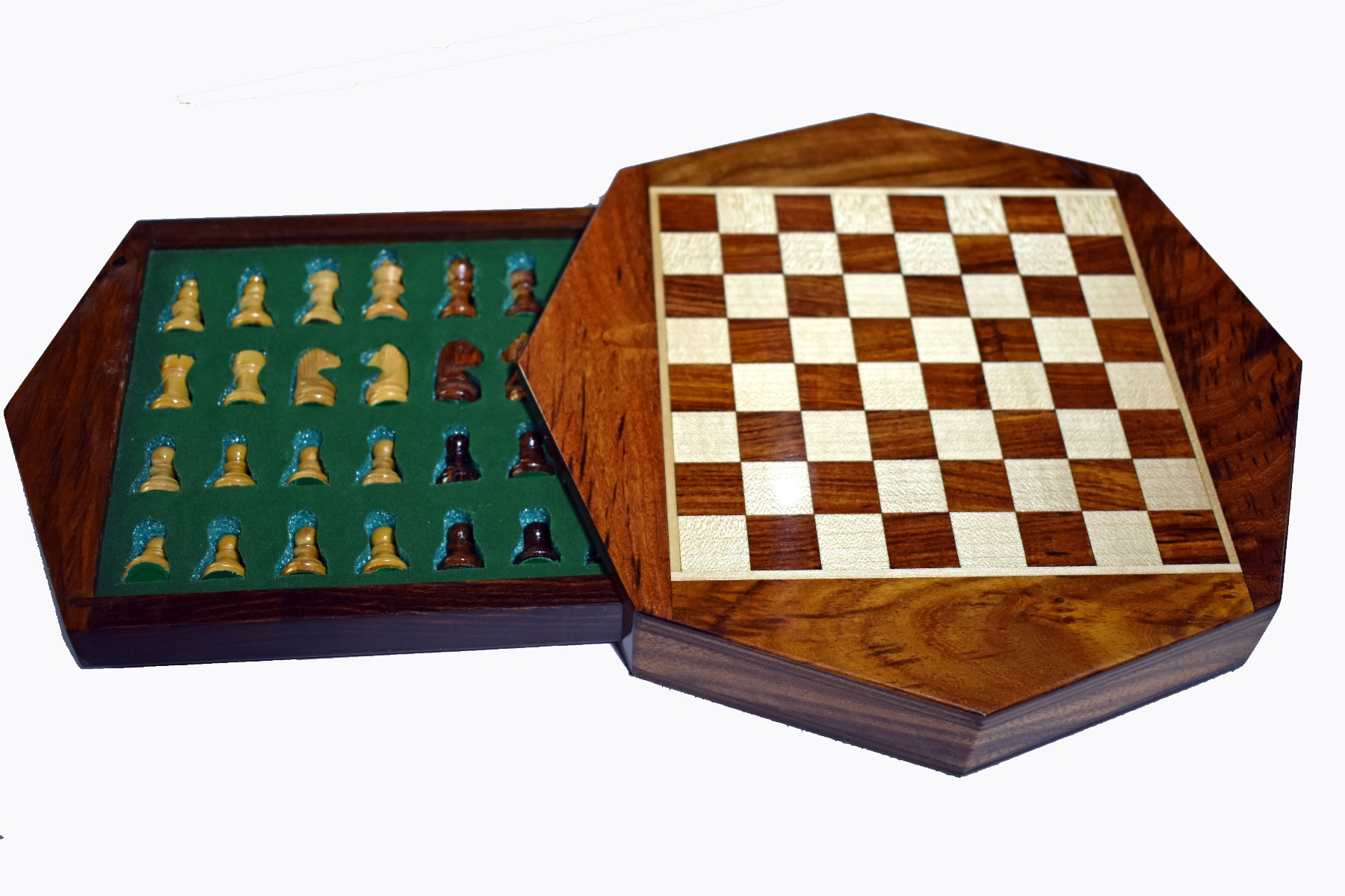 Travel Magnetic Chess set <br> Maple & Sheesham <br> 5" Octagonal-5950 Travel Magnetic Chess set Maple & Sheesham 5" Octagonal-5950