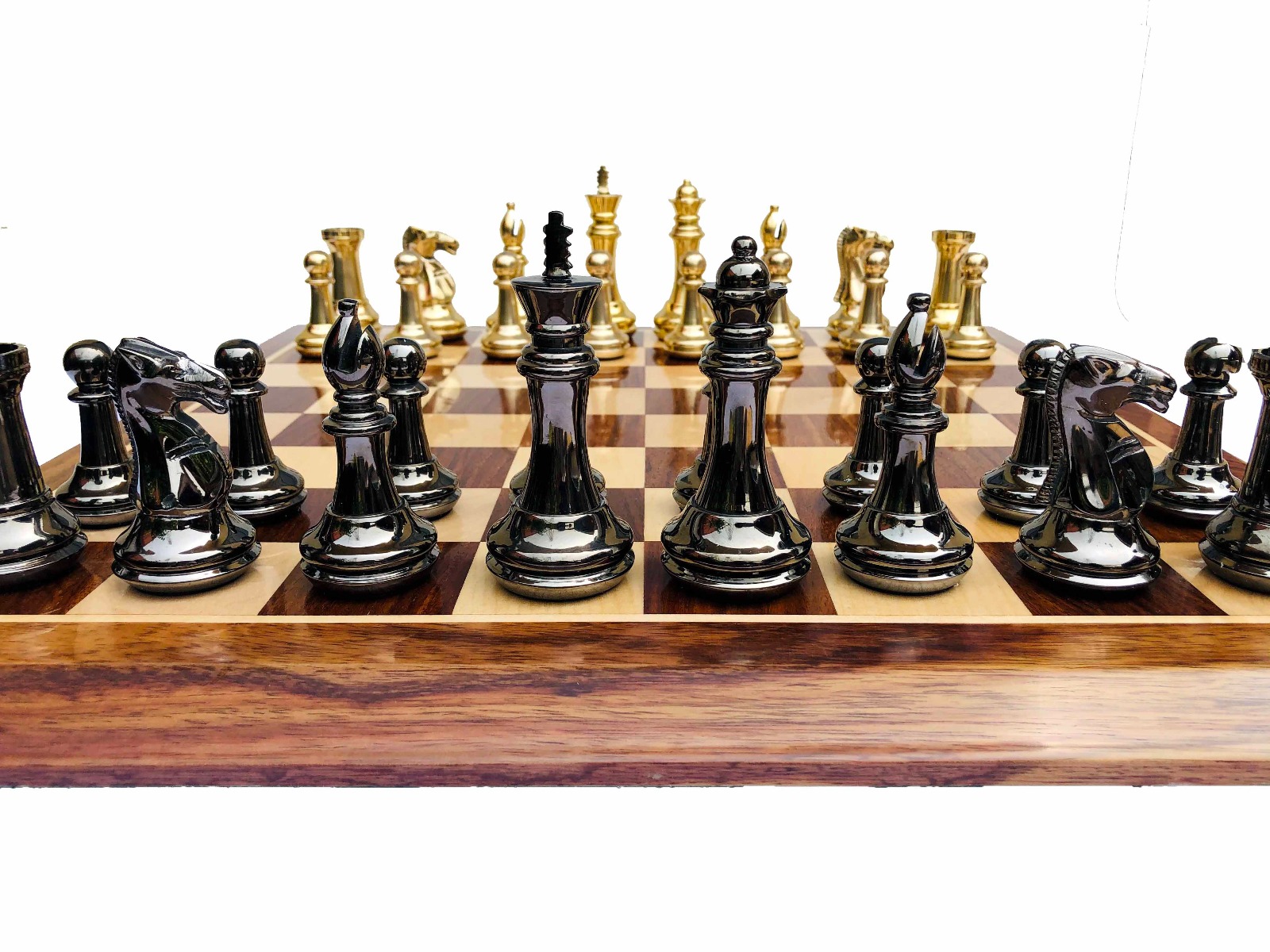 Exclusive Brass Staunton Chess Pieces <br> Brass & Black Coated Brass <br> 4" King-7217 Exclusive Brass Staunton Chess Pieces Brass & Black Coated Brass 4" King-7217