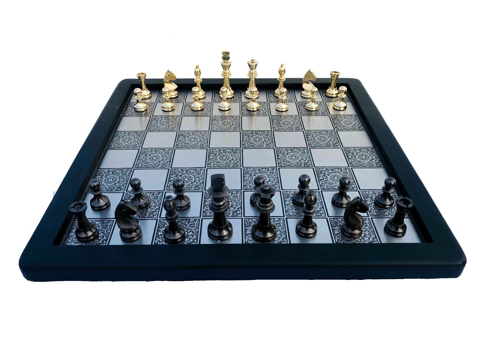 Miniature Staunton Brass Complete chess set <br> Brass & Brown coated brass chess pieces <br> 2.5" King with 12" chess board-0 Miniature Staunton Brass Complete chess set Brass & Brown coated brass chess pieces 2.5" King with 12" chess board-0