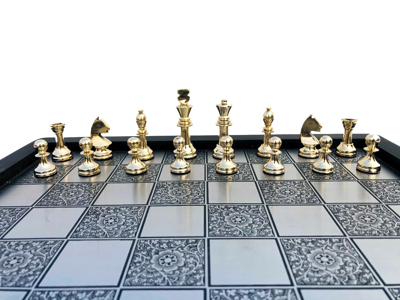 Miniature Staunton Brass Complete chess set <br> Brass & Brown coated brass chess pieces <br> 2.5" King with 12" chess board-6858 Miniature Staunton Brass Complete chess set Brass & Brown coated brass chess pieces 2.5" King with 12" chess board-6858