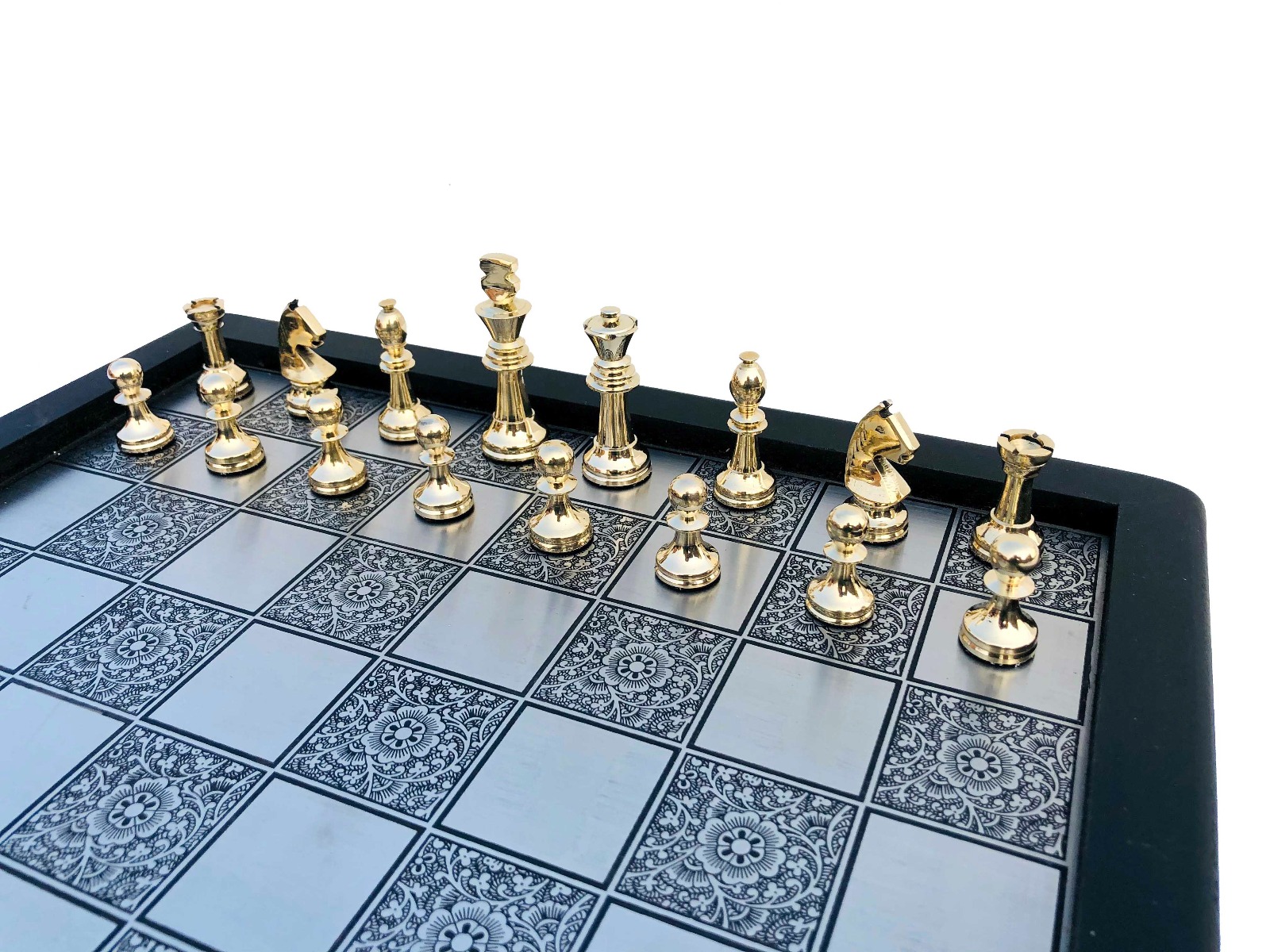 Miniature Staunton Brass Complete chess set <br> Brass & Brown coated brass chess pieces <br> 2.5" King with 12" chess board-6859 Miniature Staunton Brass Complete chess set Brass & Brown coated brass chess pieces 2.5" King with 12" chess board-6859