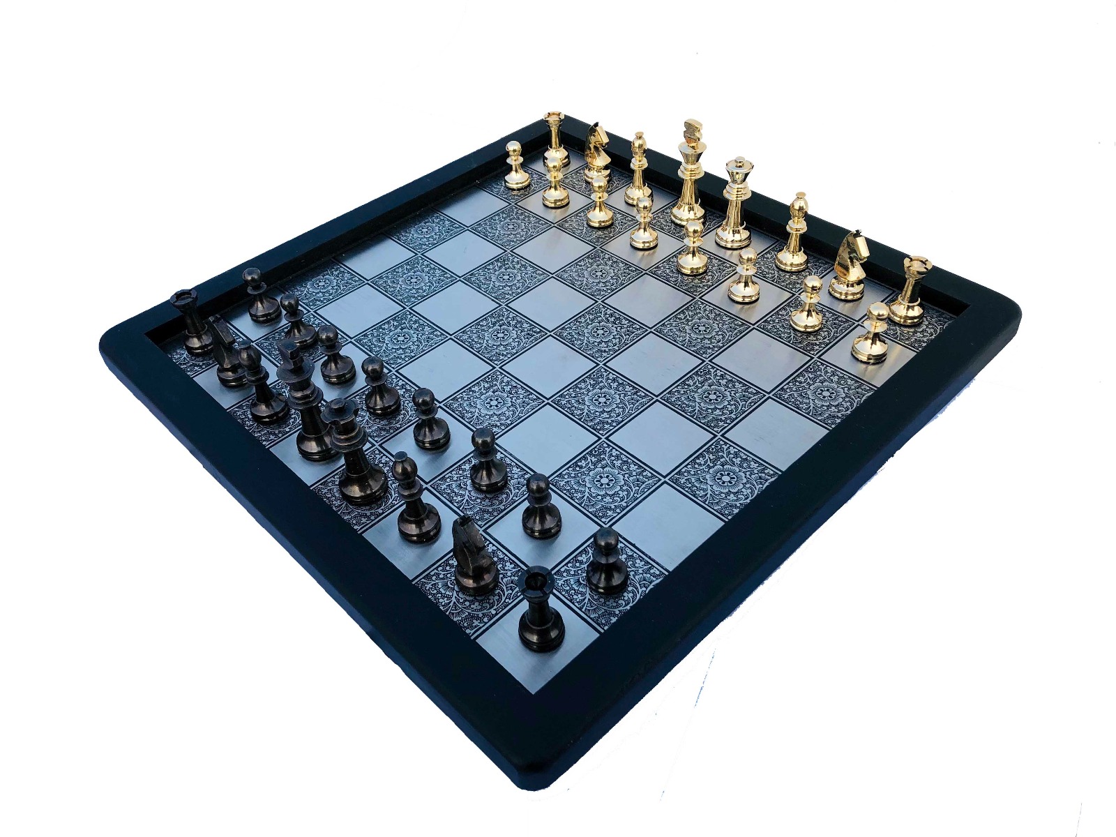 Miniature Staunton Brass Complete chess set <br> Brass & Brown coated brass chess pieces <br> 2.5" King with 12" chess board-6857 Miniature Staunton Brass Complete chess set Brass & Brown coated brass chess pieces 2.5" King with 12" chess board-6857