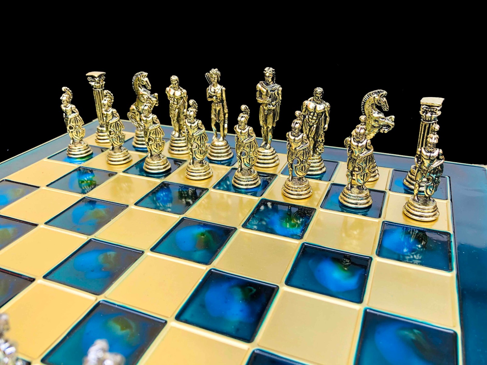 Greek Warrior Complete chess set 32 cm x 32 cm Torquoise Alloy Zinc Metal chess set-7239 Greek Warrior Complete chess set 32 cm x 32 cm Torquoise Alloy Zinc Metal chess set-7239