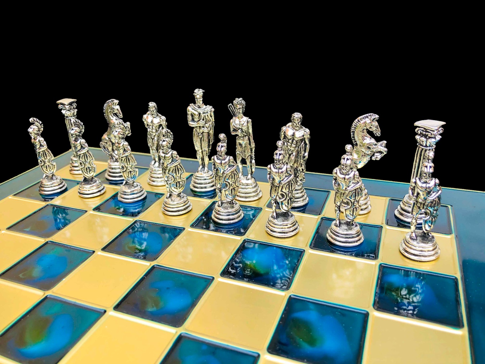 Greek Warrior Complete chess set 32 cm x 32 cm Torquoise Alloy Zinc Metal chess set-7240 Greek Warrior Complete chess set 32 cm x 32 cm Torquoise Alloy Zinc Metal chess set-7240