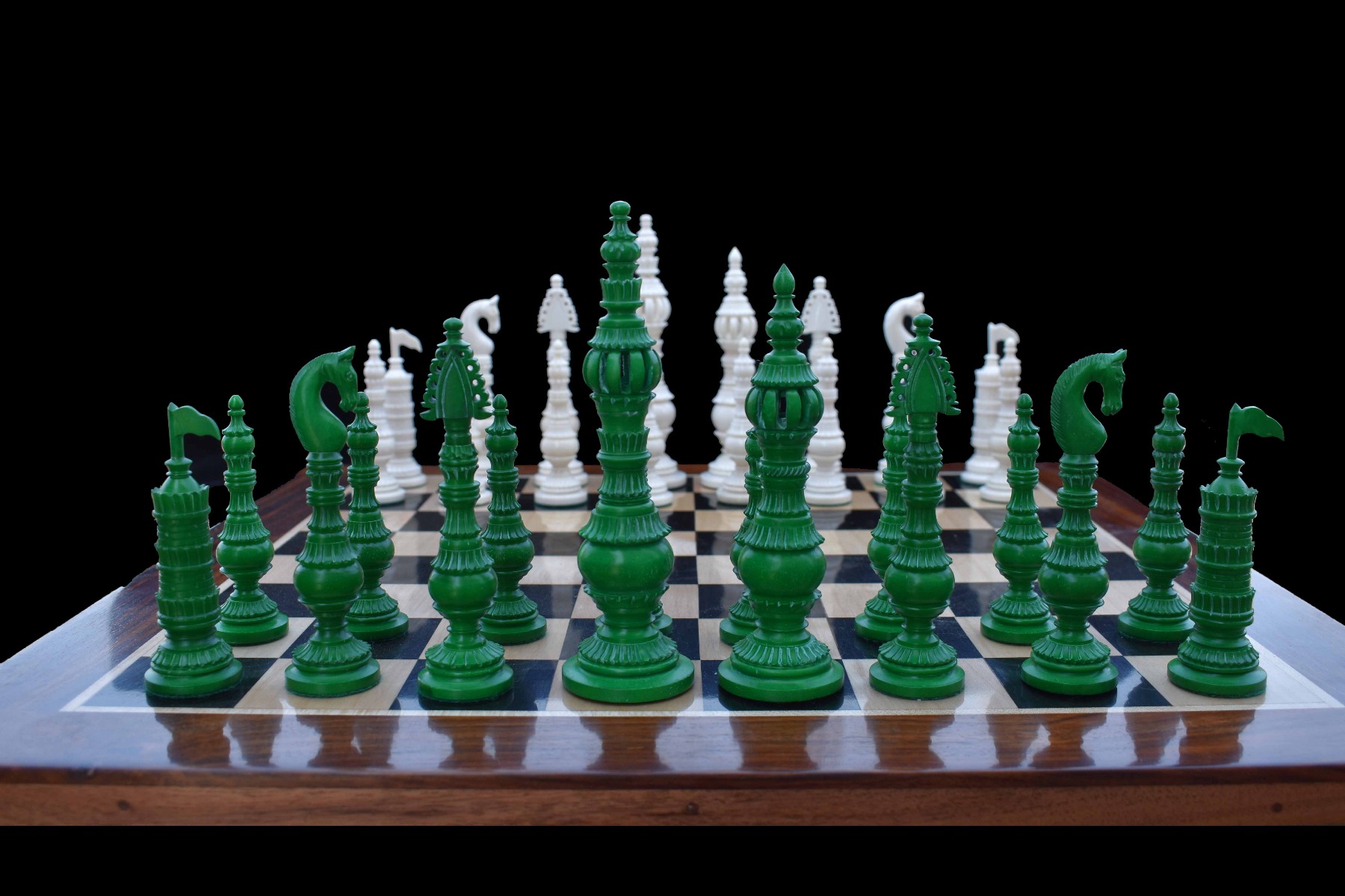 Tower Series Bone Crafted chess pieces Natural Bone & Green stained Bone 6.25" King-7412