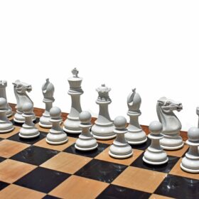 The Pioneer Series Chess set White & Red Lacquered Boxwood 4" King with 2" Square chess board-7752