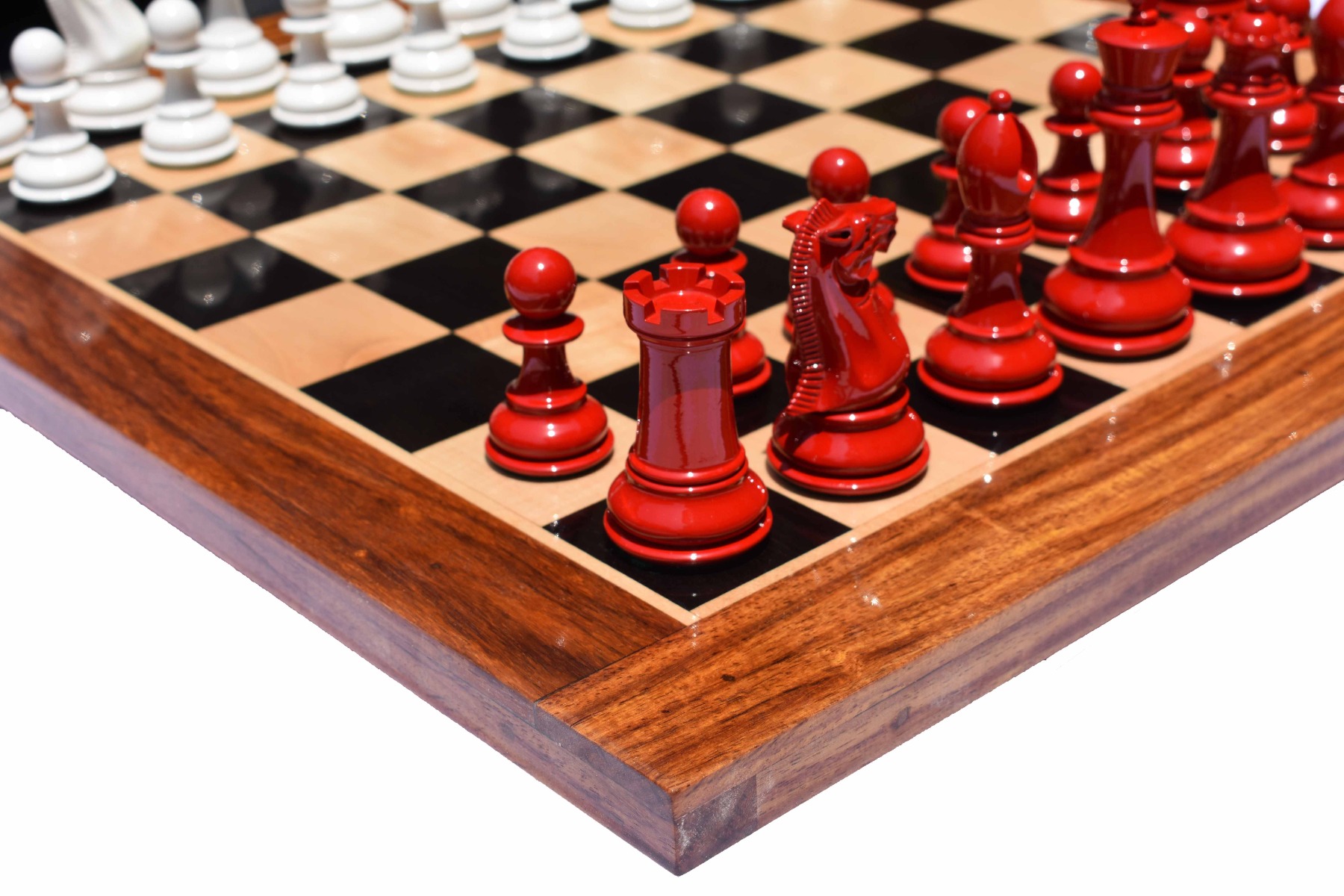 The Pioneer Series Chess Pieces <br> White & Red Lacquered Boxwood <br> 4" King-0 The Pioneer Series Chess Pieces White & Red Lacquered Boxwood 4" King-0