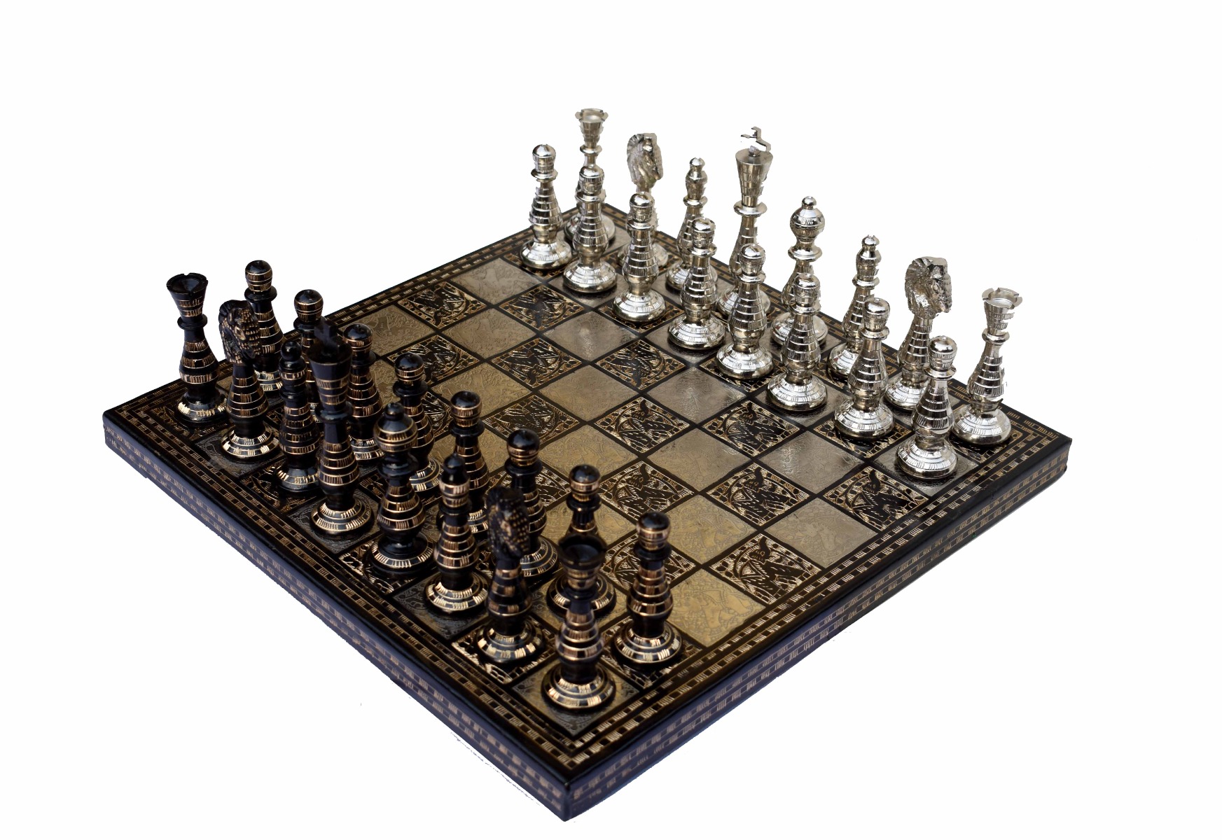 The Royal Carved Series brass chess set <br> 3.75" King with 14" x 14" chess board-7897 The Royal Carved Series brass chess set 3.75" King with 14" x 14" chess board-7897