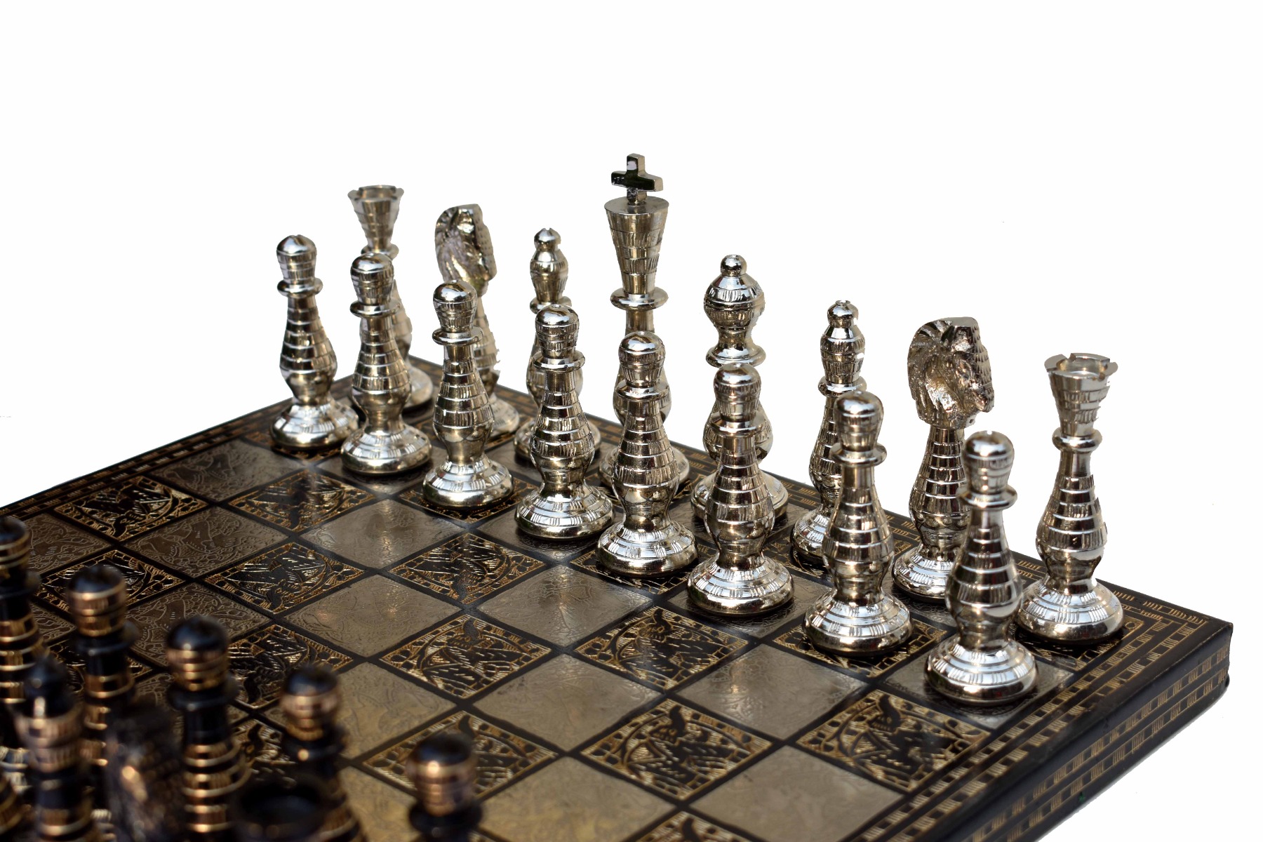 The Royal Carved Series brass chess set <br> 3.75" King with 14" x 14" chess board-7896 The Royal Carved Series brass chess set 3.75" King with 14" x 14" chess board-7896