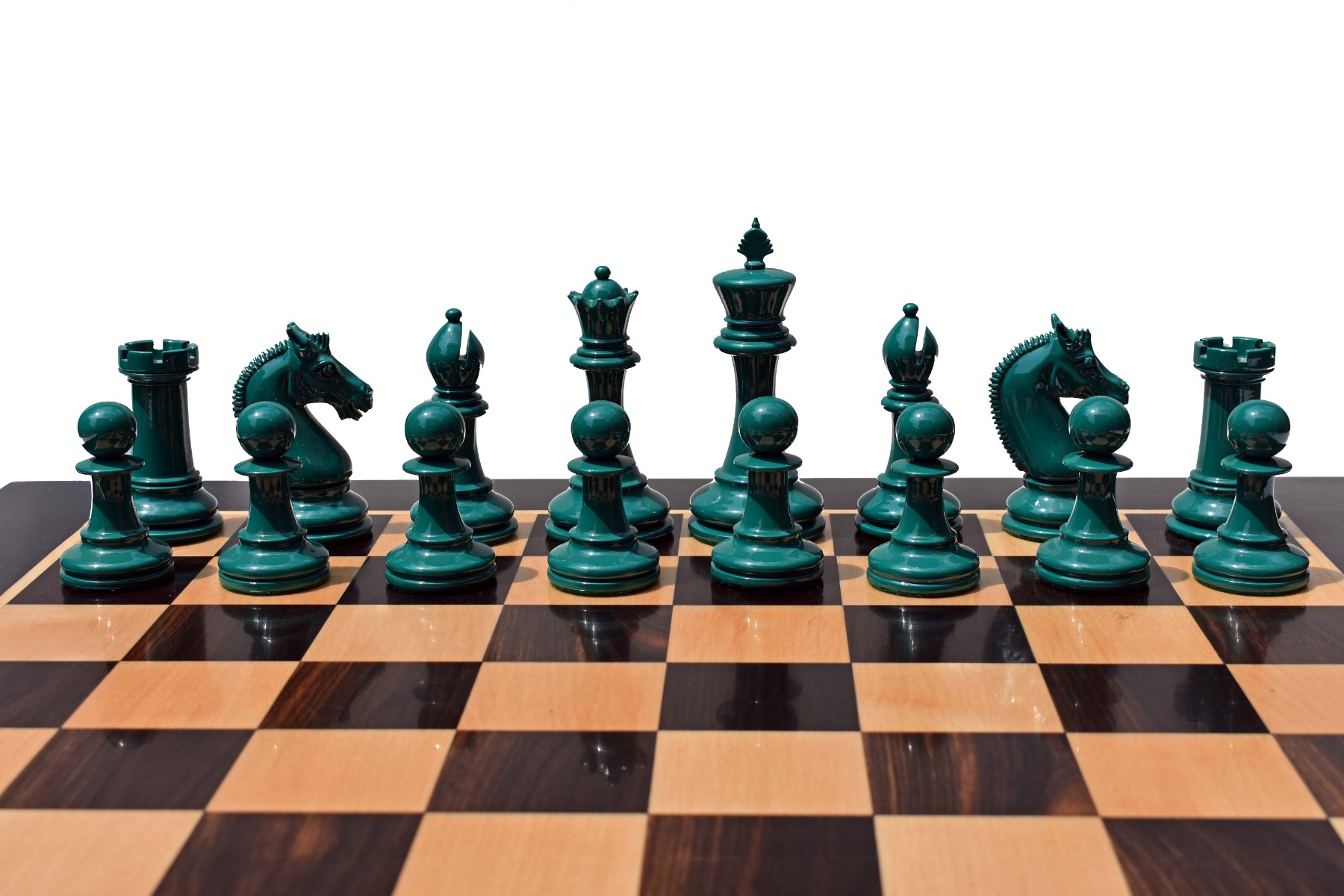 Queens Gambit Series II chess pieces <br> White & Green Lacquer <br> 4" King-8759 Queens Gambit Series II chess pieces White & Green Lacquer 4" King-8759