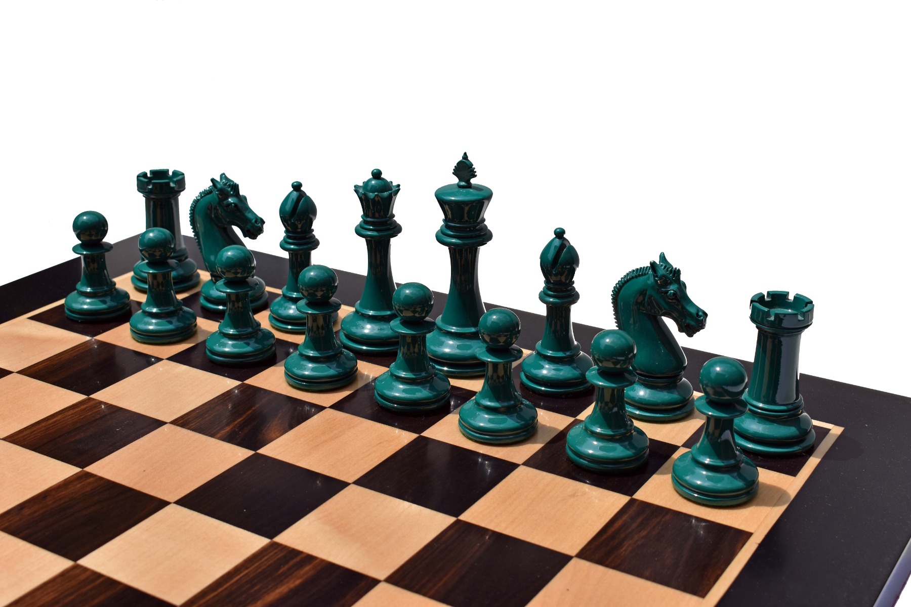 Queens Gambit Series II chess pieces <br> White & Green Lacquer <br> 4" King-8760 Queens Gambit Series II chess pieces White & Green Lacquer 4" King-8760