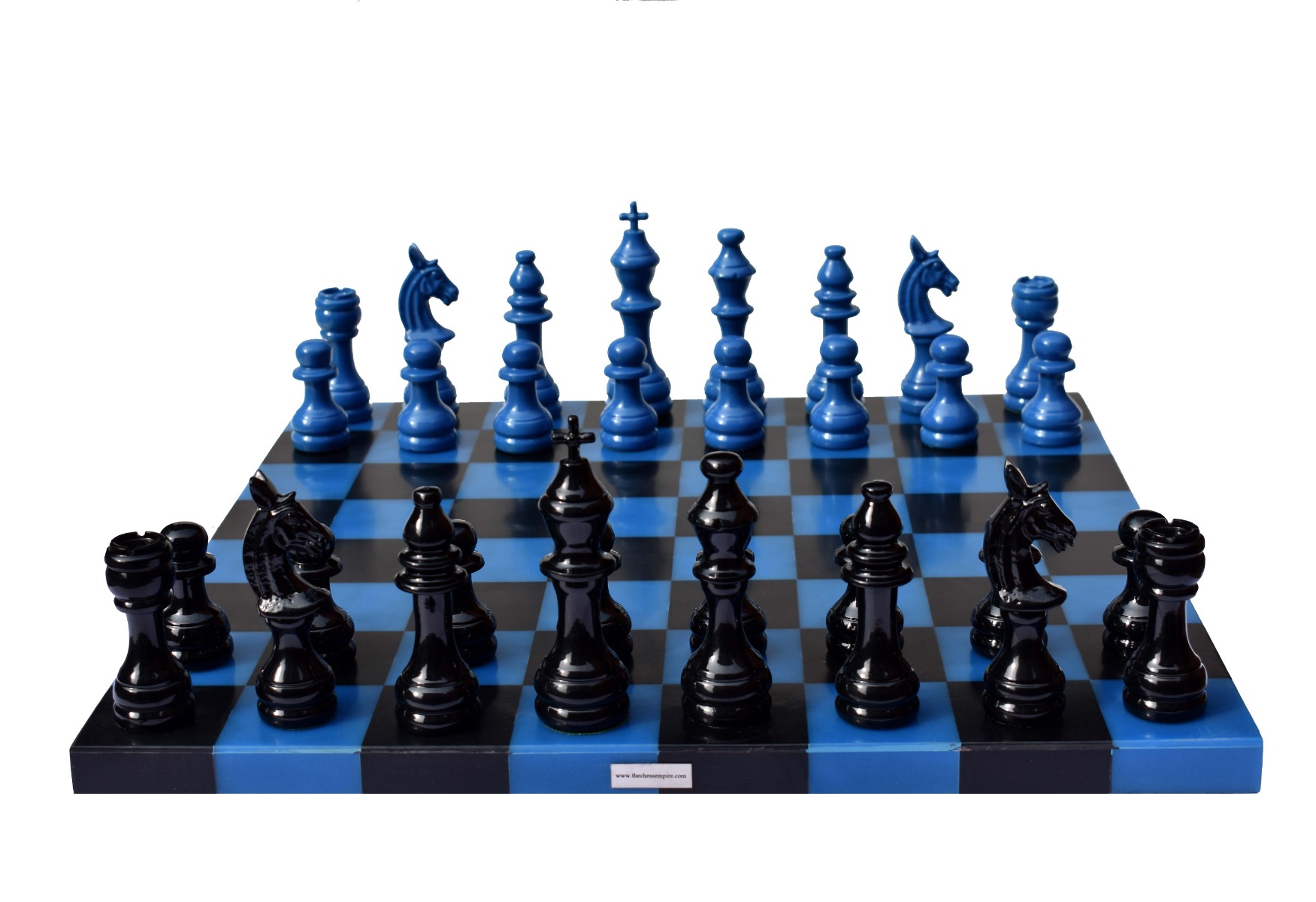 The Barcelona Series Aluminum Chess set Turquoise blue & Black coated 4.25" King with 16" resin chess board-8856
