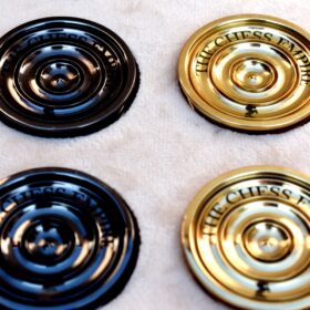 The Collector Series Solid brass checkers set pieces Natural Brass and Black coated brass 1.75" diameter with storage case-0