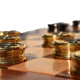 The Collector Series Solid brass checkers set pieces Natural Brass and Black coated brass 1.75" diameter with storage case-8972