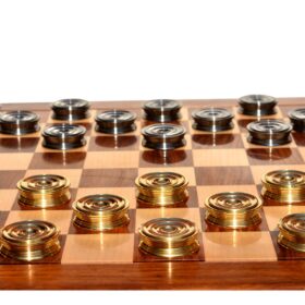 The Collector Series Solid brass checkers set pieces Natural Brass and Black coated brass 1.75" diameter with storage case-8973