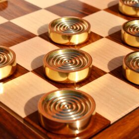 The Executive Series Solid brass checkers set pieces Natural Brass and Black coated brass 1.75" diameter with storage case-8984