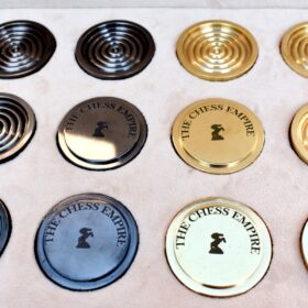 The Executive Series Solid brass checkers set pieces Natural Brass and Black coated brass 1.75" diameter with storage case-8986