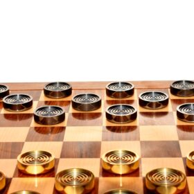 The Executive Series Solid brass checkers set pieces Natural Brass and Black coated brass 1.75" diameter with storage case-8982