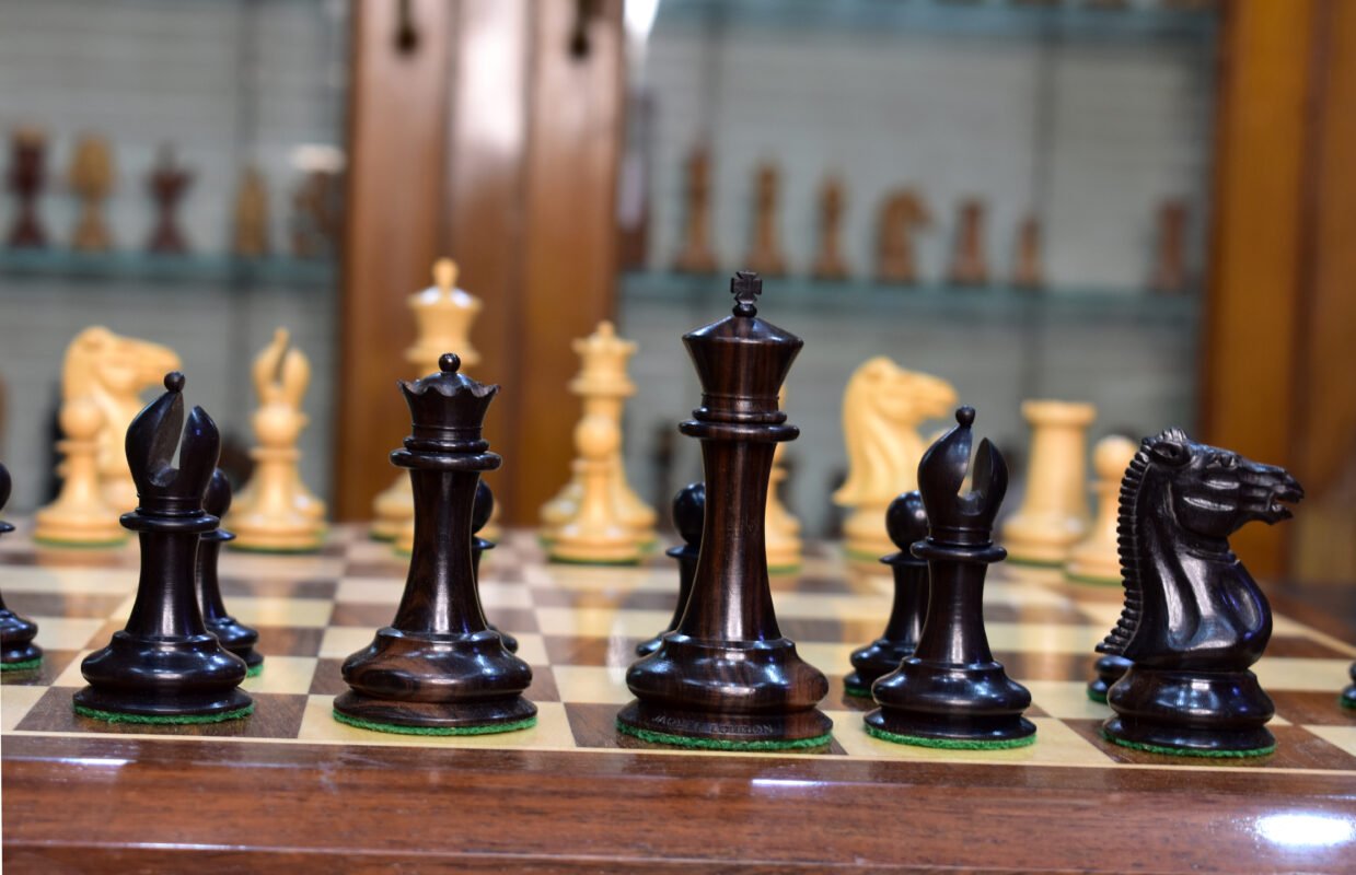 The Cook Type 1 Style 1849-50 Jaques Series <br> Chess set Boxwood/Stripped Ebony with 2" Square Chess Board