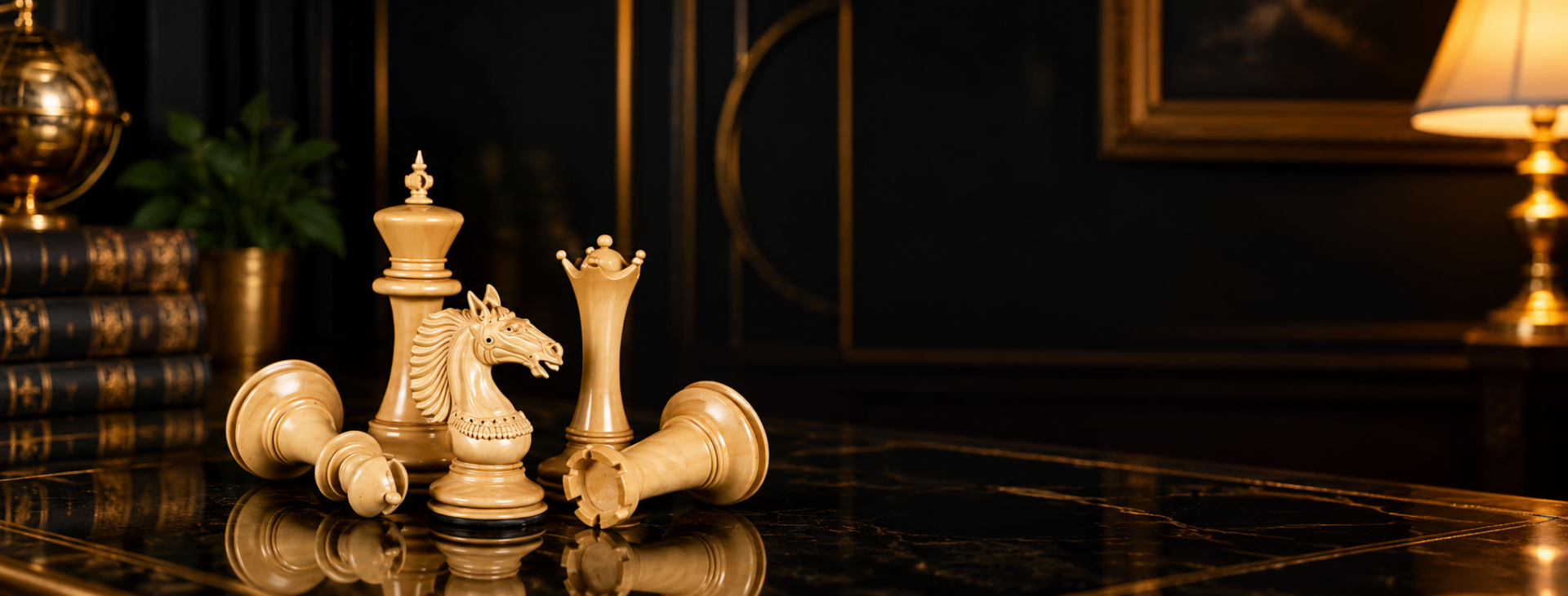 Gold-trimmed rosewood king and chess pieces on a burl-wood board