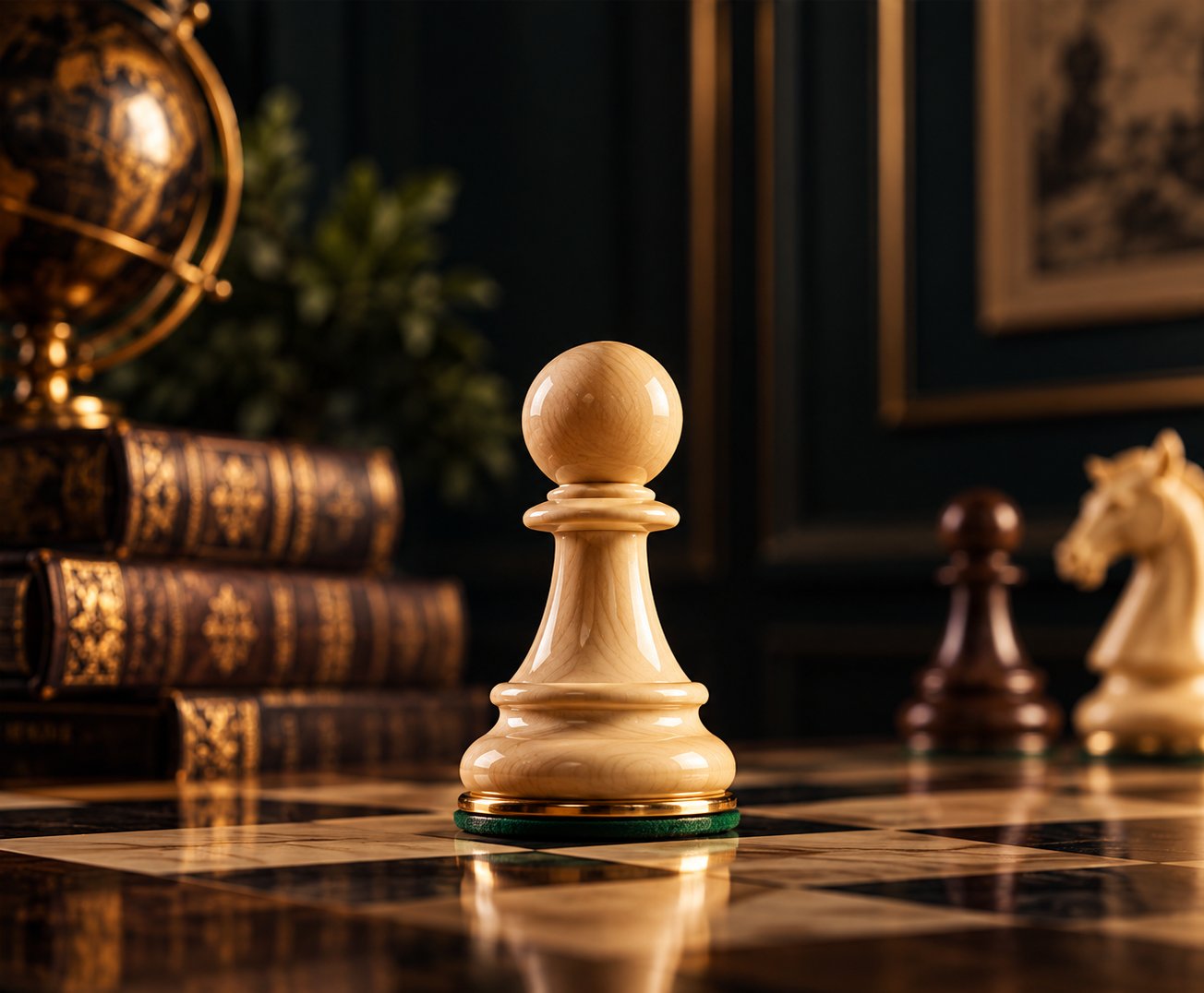 Bespoke boxwood pawn with a brass ring and green baize base