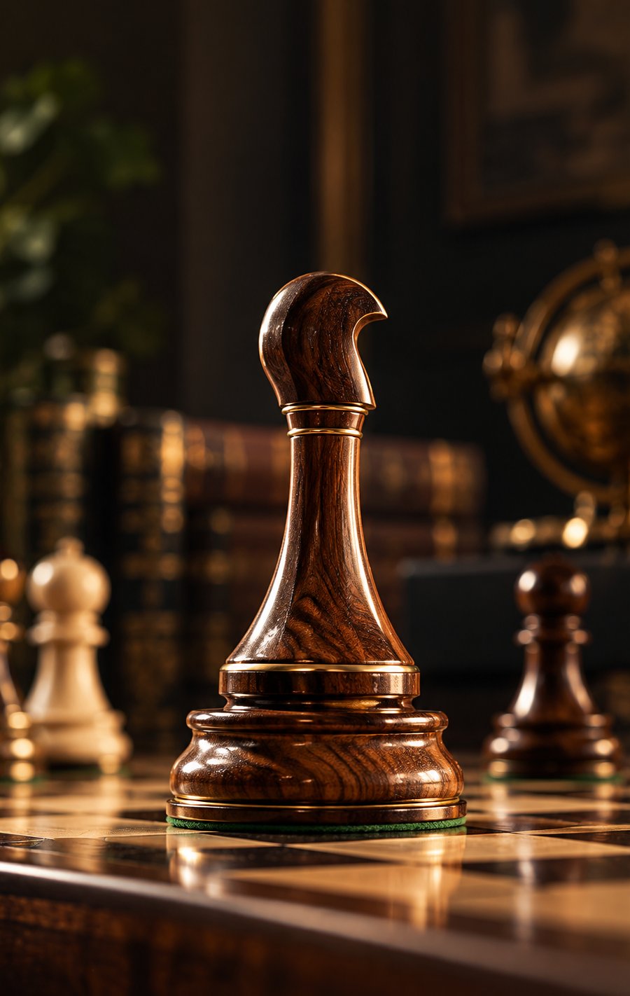 Bespoke hand-turned chess piece in figured rosewood with brass rings