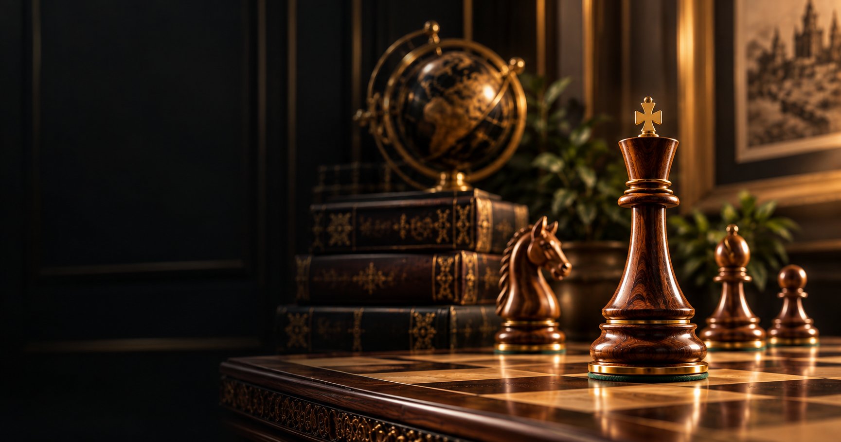 Rosewood king with a gold cross finial on a chessboard, with antique books and a brass globe