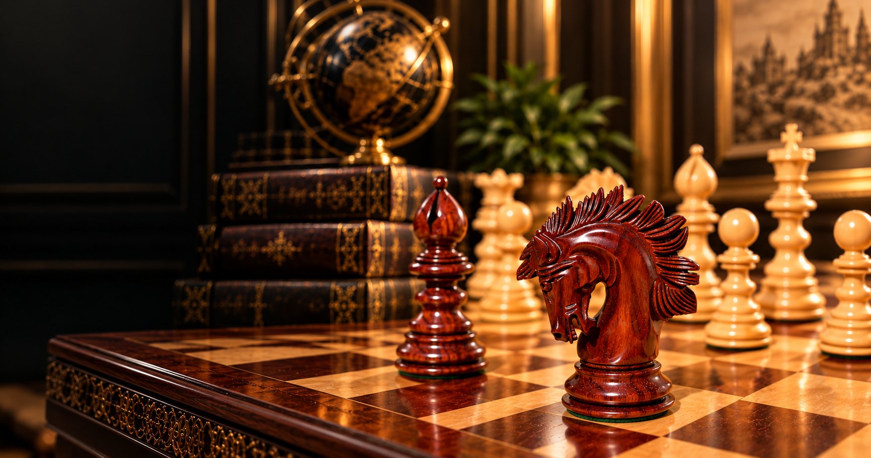 Carved bloodwood knight and bishop with boxwood pieces on a chessboard, with antique books and a brass globe